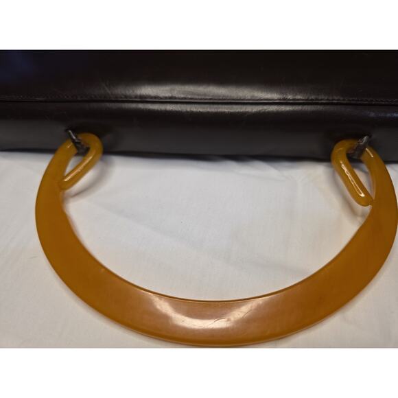 Vintage Brown Handbag Purse — Amber Bakelite-Style Handle Classic Mid-Century - Picture 2 of 3